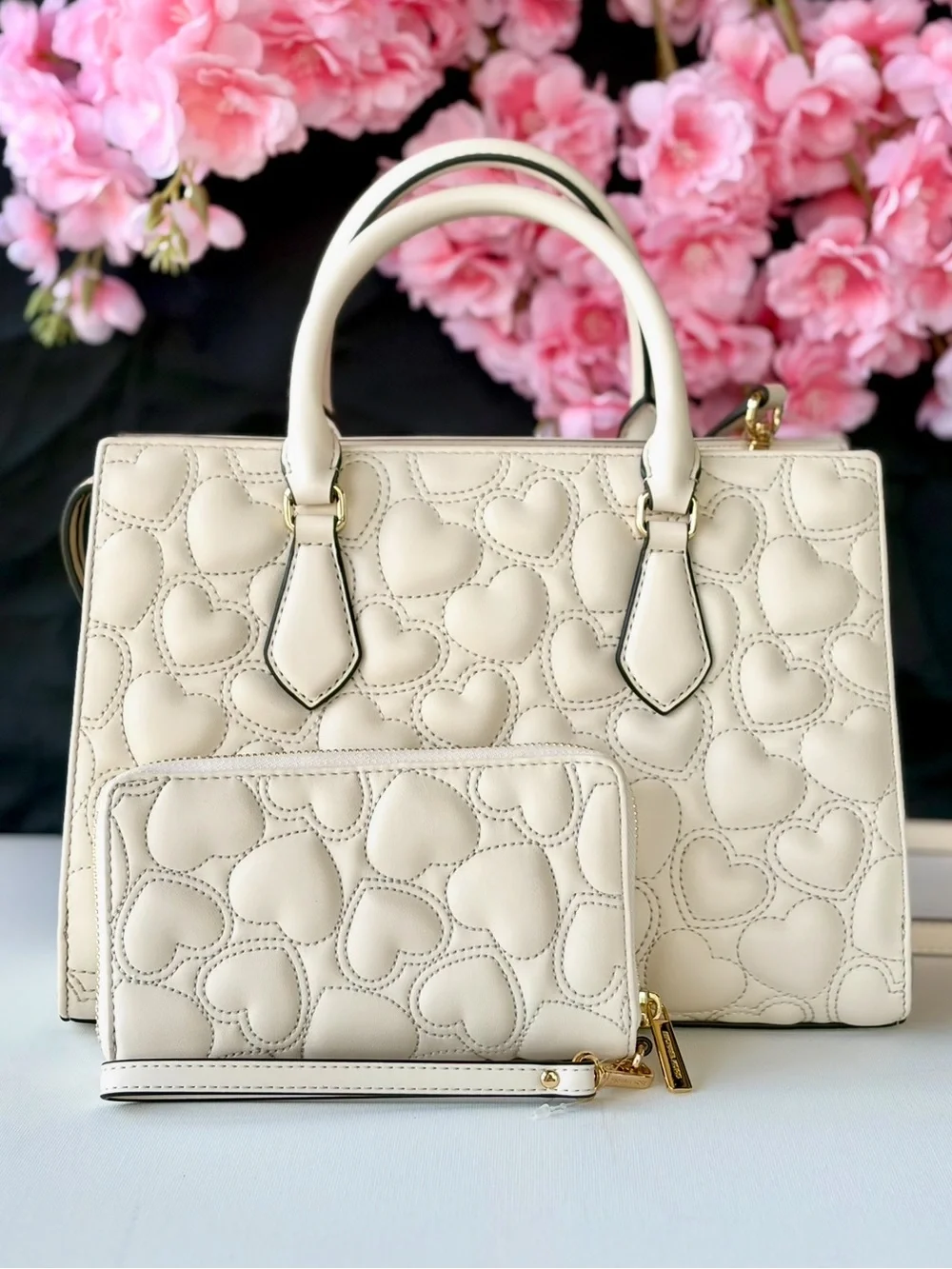 Michael Kors Cream Quilted Heart Satchel and Wristlet Set